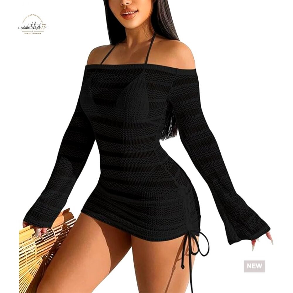 Mesh Hollow Out Off Shoulder Swimsuit Coverup Long Bell Sleeve Drawstring